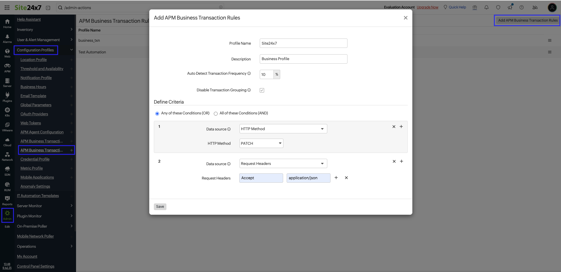 Add APM Business Transaction Rules