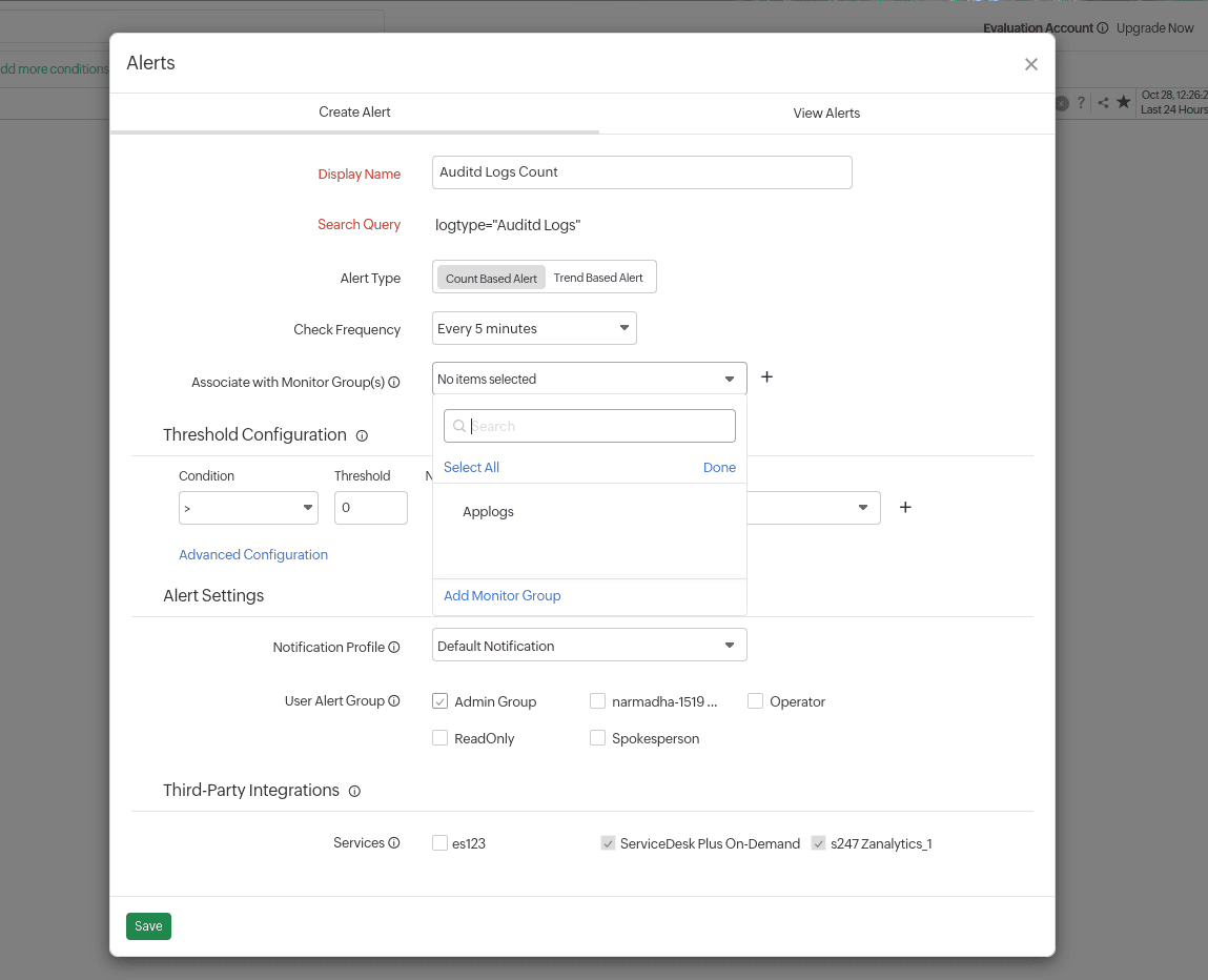 AppLogs alert first monitor