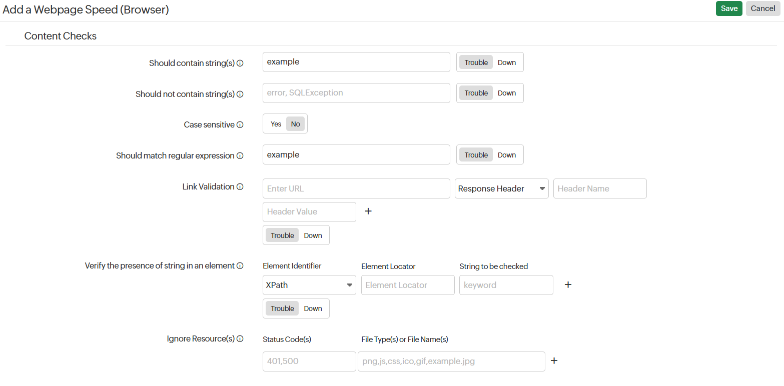 content checks for web page speed (browser)